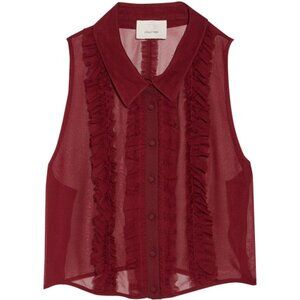 Cinq a Sept Cropped Ruffled Silk Top - XS, Red